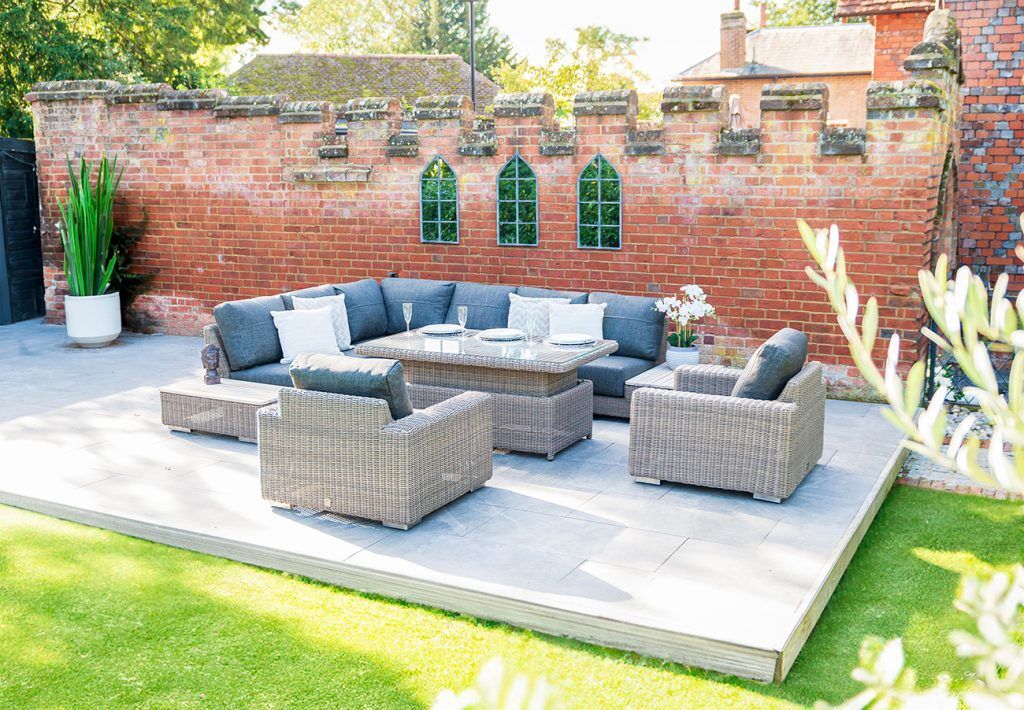 4 Seasons Outdoor Kingston Full Teak Corner Set with 150cm x 90cm Hi Lo Denver Table and 2 Armchairs
