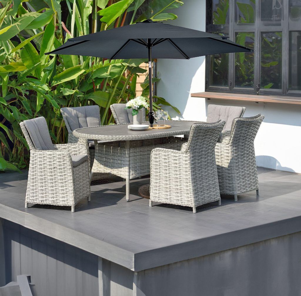 LifestyleGarden Samoa 6 Seat Oval Dining Set with Parasol and Base | Garden Furniture Online